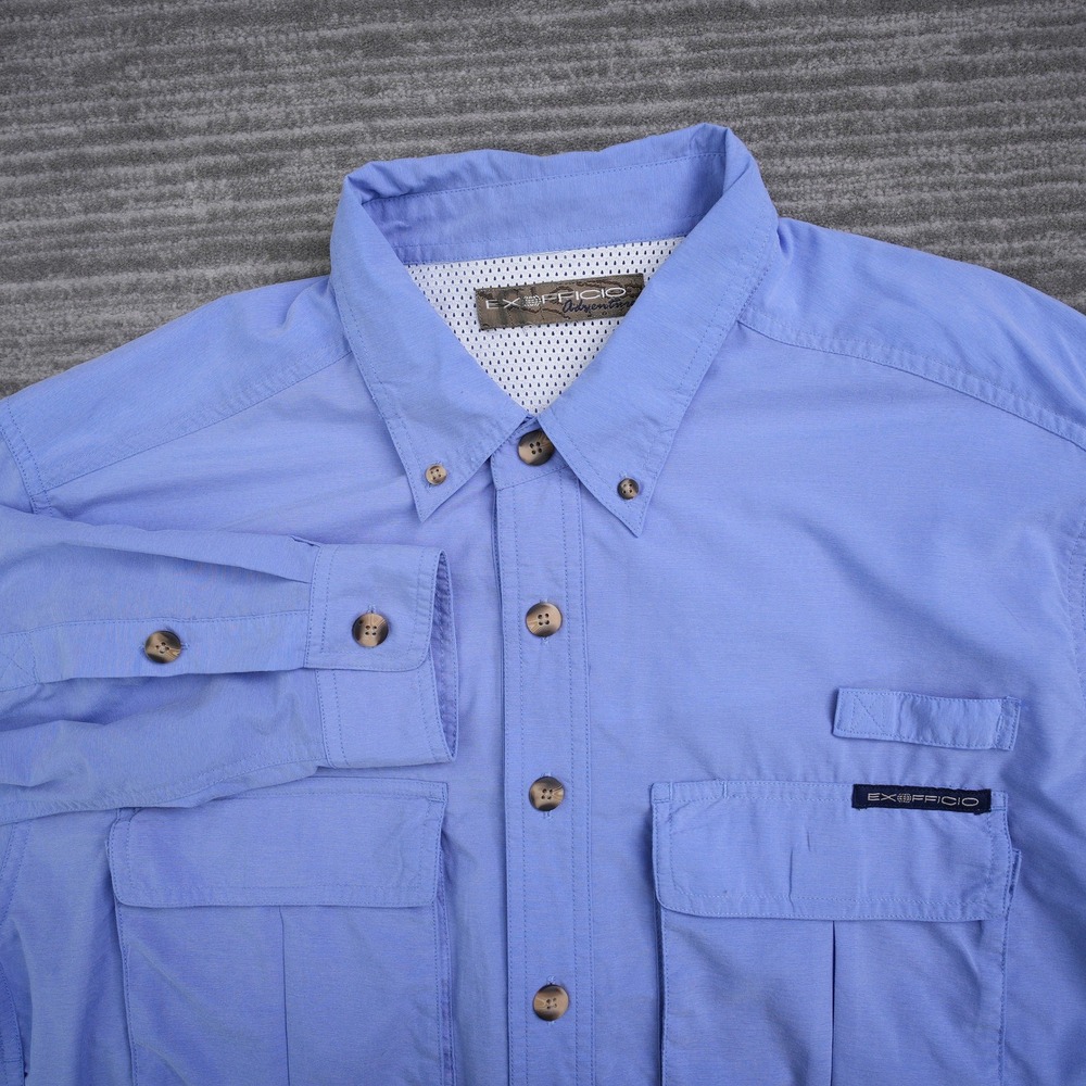 ExOfficio Adventure Mens Blue Long Sleeve Hiking Fishing Button Down Shirt XL